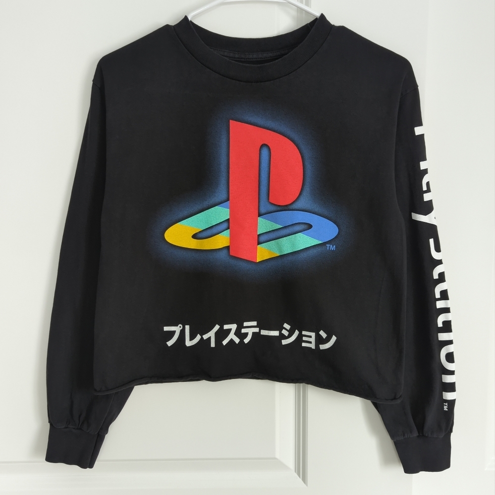 PlayStation Black Graphic Long Sleeve Cropped Shirt in Japanese Type wit…
